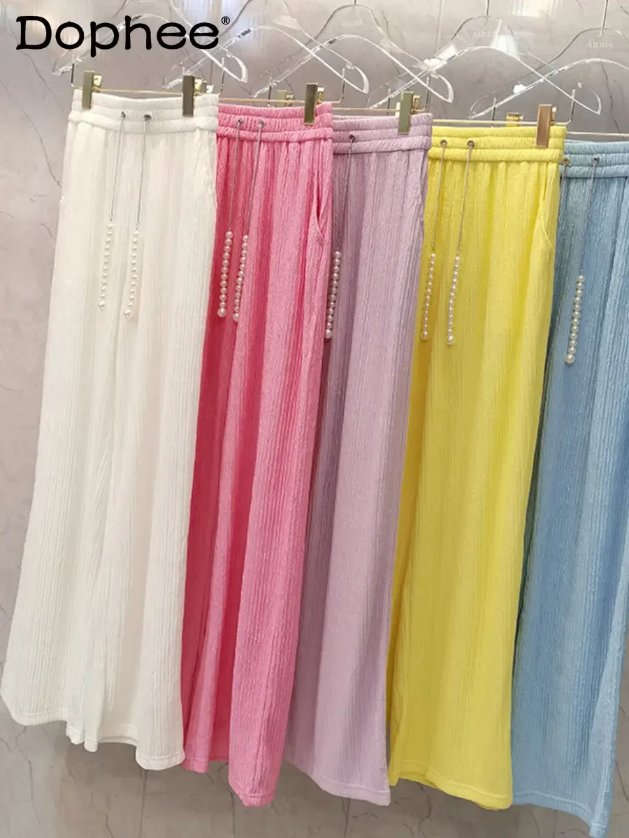 Heavy Industry Pearl Chain High Quality Candy Color Loose Casual Pants Luxury Fashion Wide Leg Pants Summer New Comfort Trousers