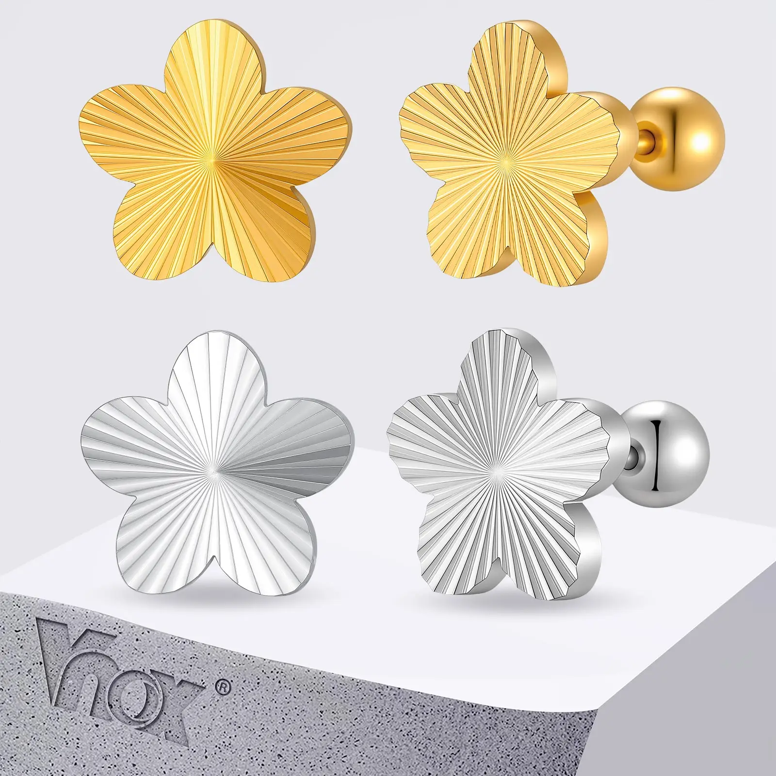 Vnox Trendy Textured Flower Stud Earrings for Women Stainlesss Steel Gold Plated Screw Back Floral Earrings Daily Jewelry