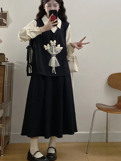 Primavera 2025, conjunto Faion de talla grande para mujer con falda de flores y pajarita, conjunto de dos piezas largo Sve