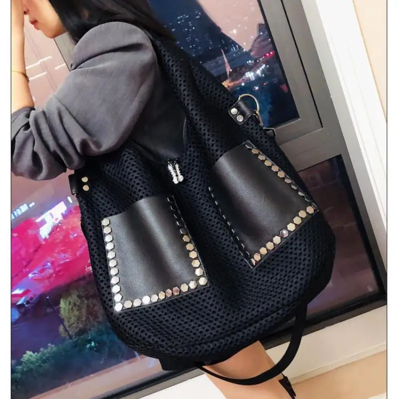 #8066-84 # New European and American Fashion Women's Bag Mesh Large Capacity Shoulder Bag Leather Handbag