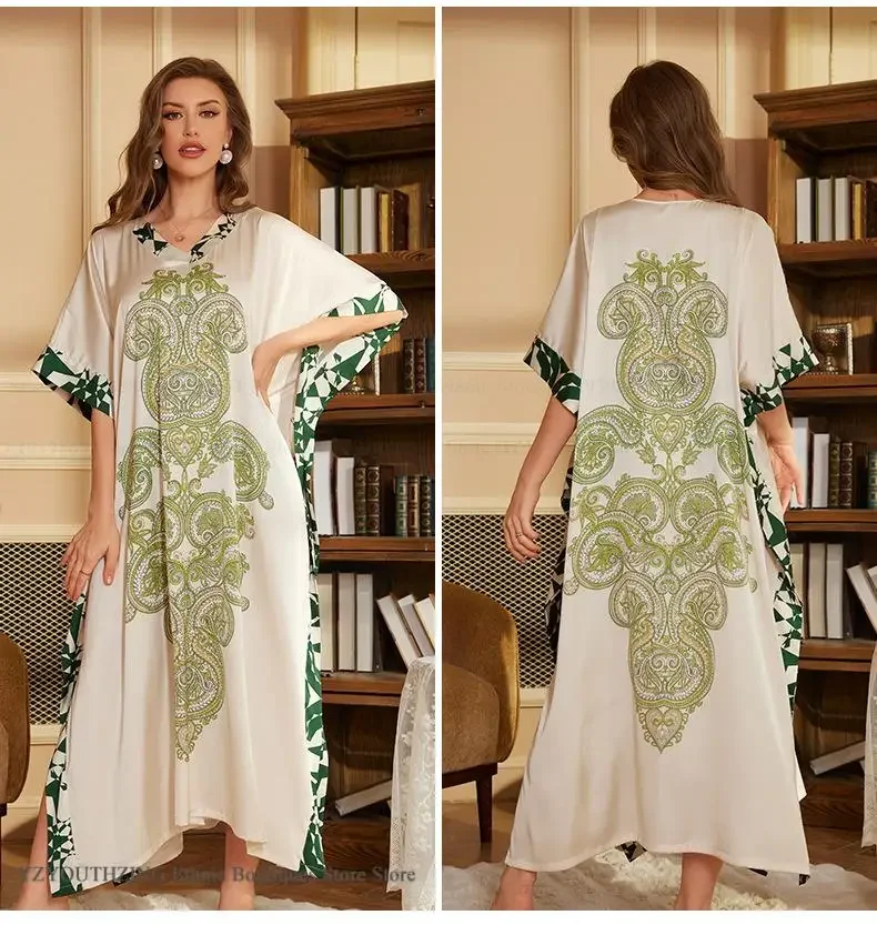 Large Size Female Long Nightgown Sexy Print Flower Nightd Ress Sleepwear Home Clothing Loose Silk Satin Loungewear Lingerie