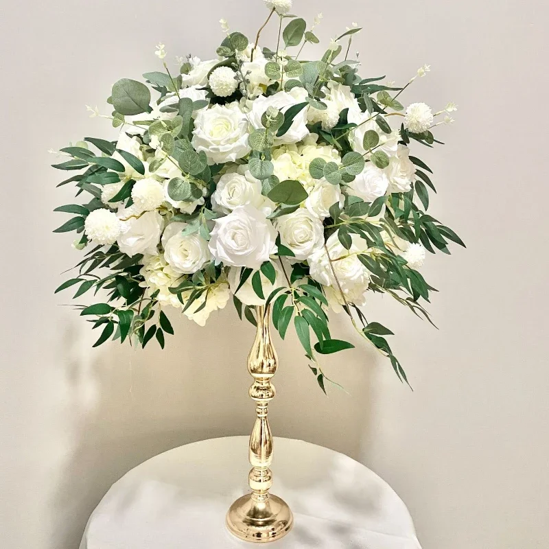 

70CM White Green Plants Rose Balls Wedding Table Arrangement Floral Arrangement Candle Holder Geometric Shelf Decoration