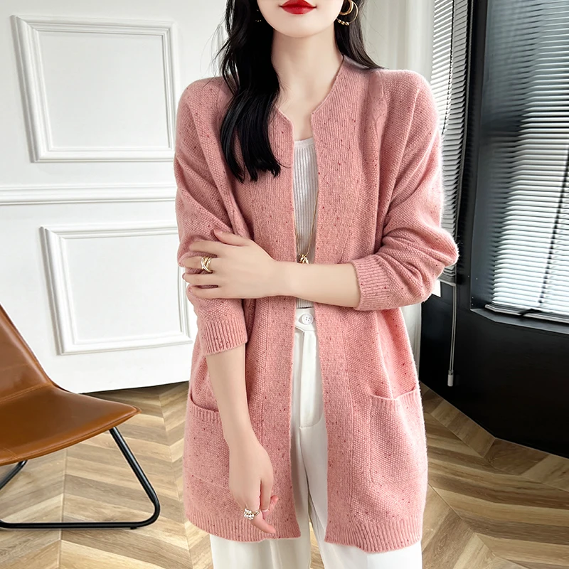 Round-Neck Mid-Length 100% Pure Wool Cardigan Sweater Women's Coat Loose All-In-One Fall/Winter Knit Floral Yarn Pocket Jacket