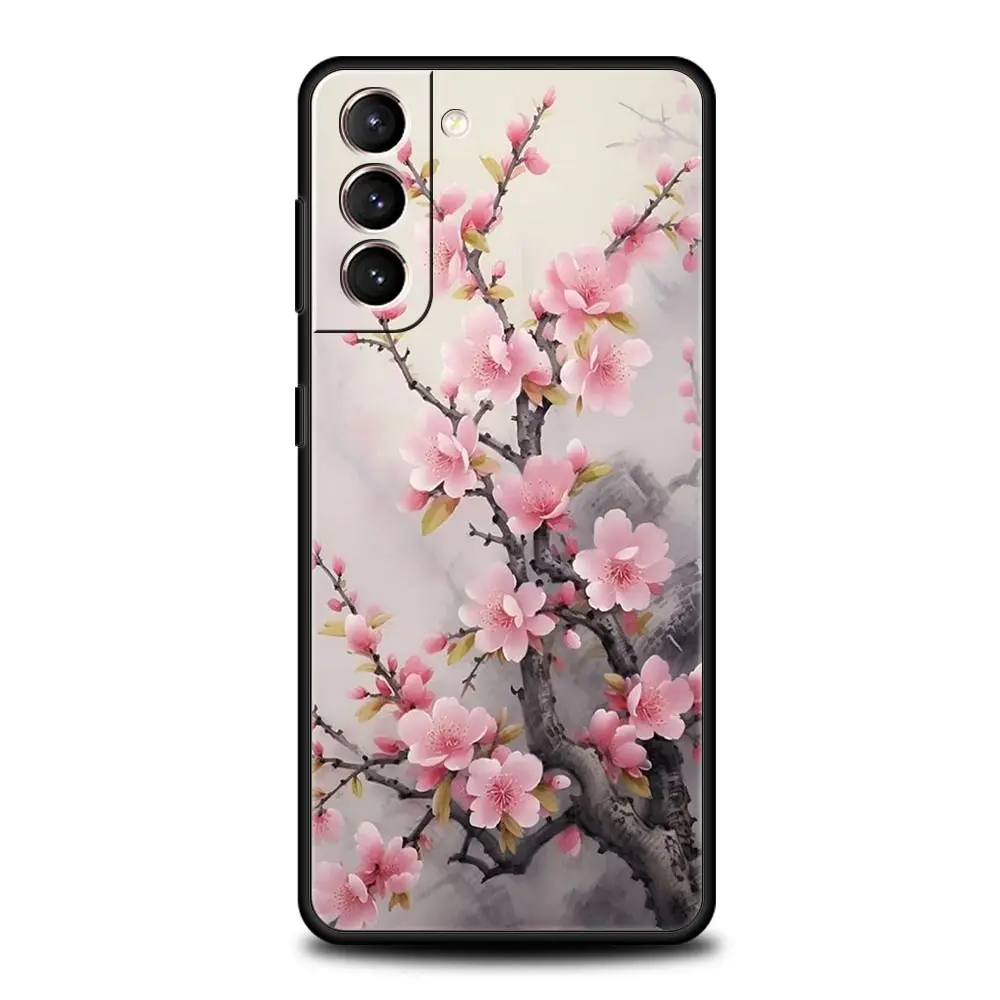 Cherry Blossom Tree Phone Case For Samsung Galaxy S25 S24 S23 FE S22 Ultra S20 S21 5G S10 Plus S10E Soft Black Cover