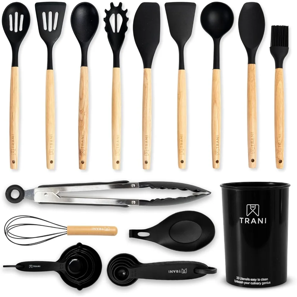 

kitchen 33- piece silicone cooking utensil set with holder -compact, heat resistant to 446°f, non-stick & durable with natural