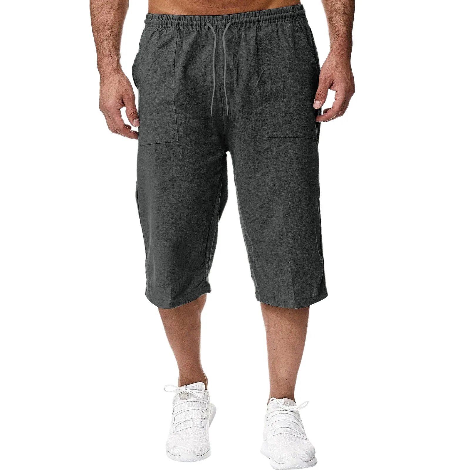 Men'S Summer Casual Capri Pants Solid Color Sports Casual Pants Men'S Classic Elastic Belt Drawstring Shorts Beach Shorts