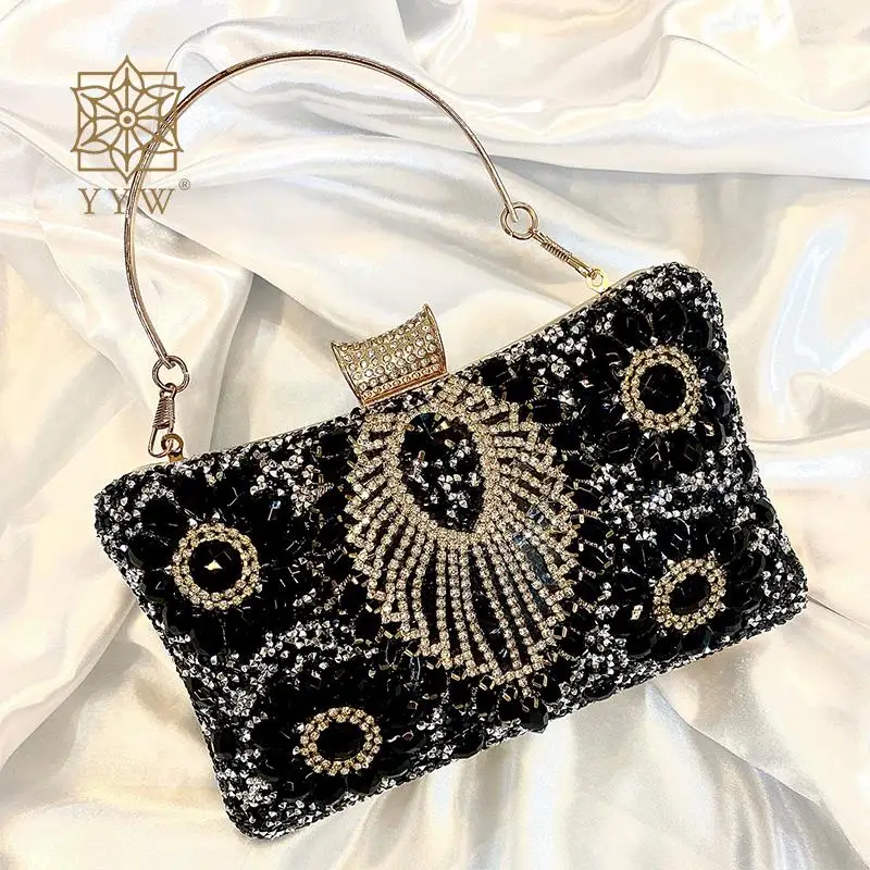 Black Clutch Handbag Chic Glitter Rhinestone Beads Evening Party Gold Clutch Bags Fashion Diamond Women Wedding Shoulder Purse