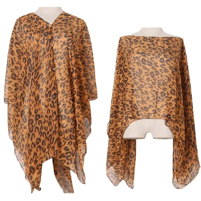 2024 nuevo chal de protección solar con estampado de leopardo para mujer, bufanda de seda de imitación estampada, chal de verano, Poncho, capas marrones