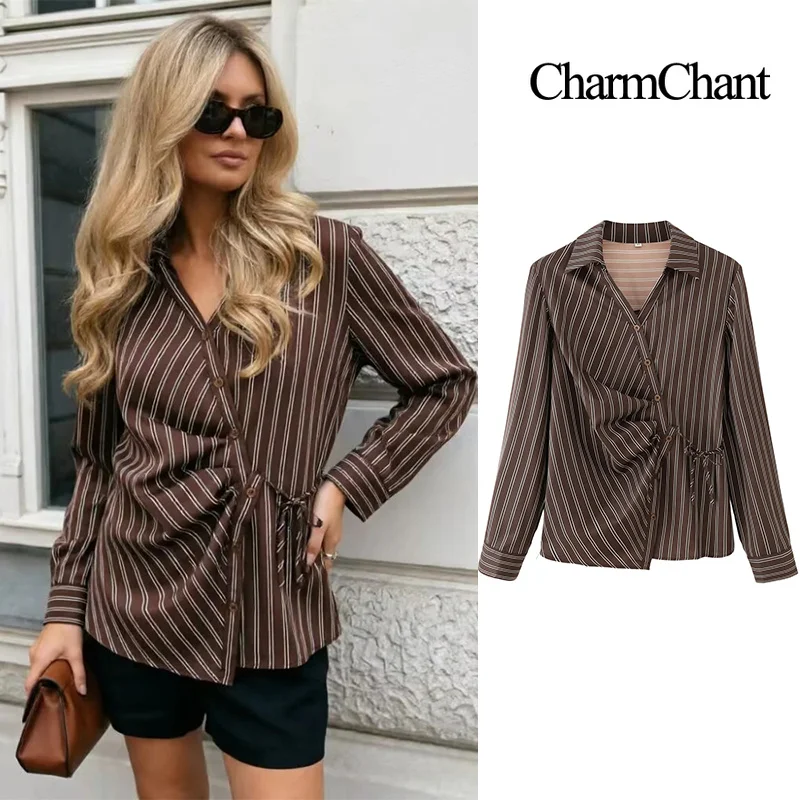 CHARMCHANT Women's Brown Striped Collared Shirt Side Twist Drawstring Waist Long Sleeve Blouse Casual Office Vacation New 2026