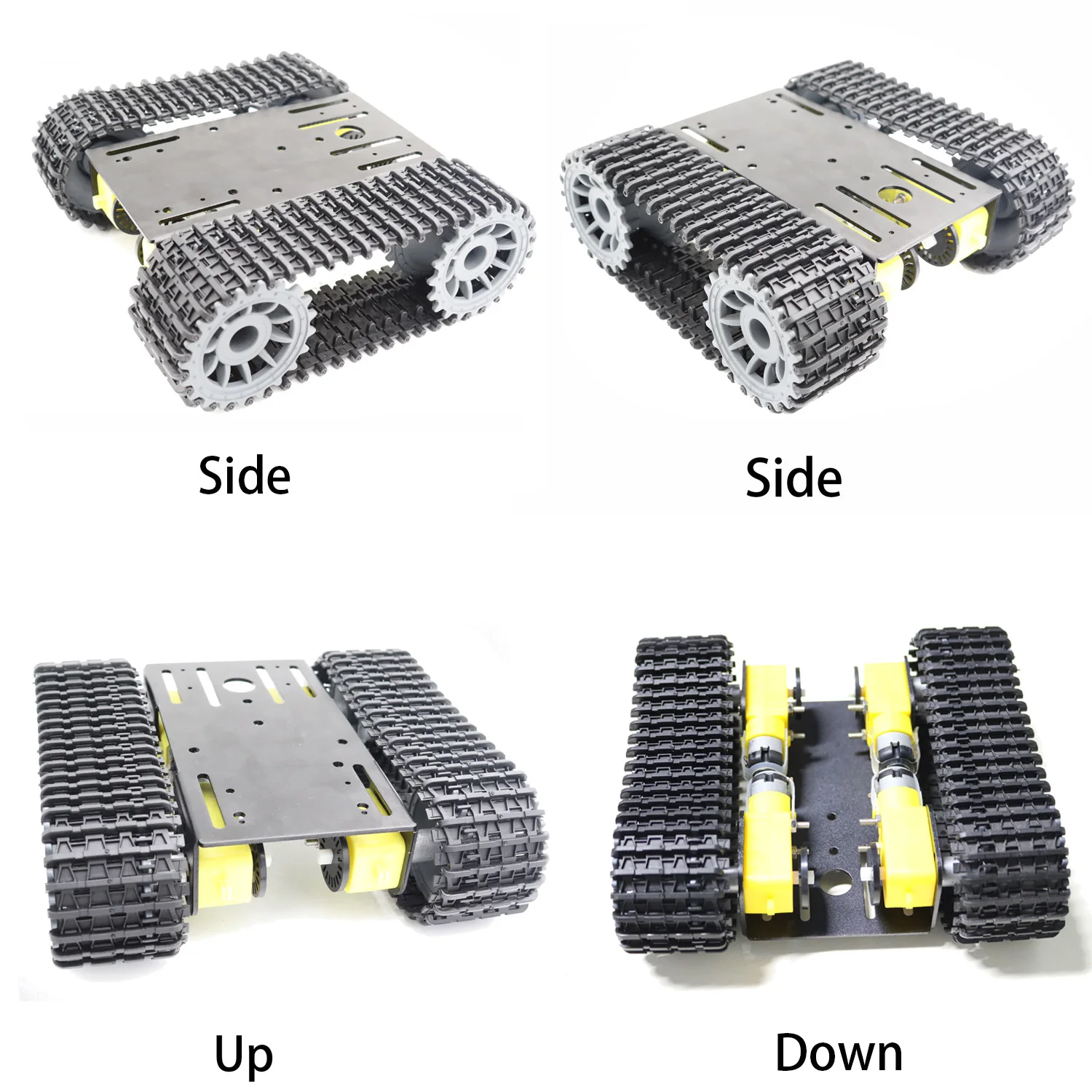 ロボットのおもちゃのタンク,4つの組み立て部品を備えたおもちゃのリモコンのセット,obuionコードによる金属板を備えたクローラープラットフォーム