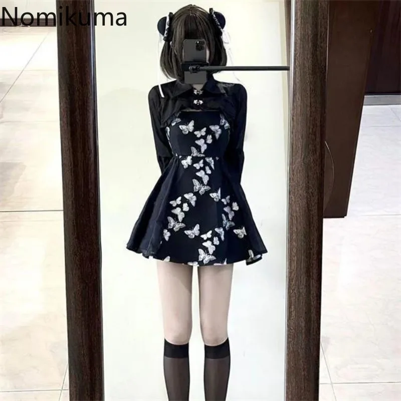 Two Piece Sets Womens Outfits Ruffles Long Sleeve Cropped Tops Butterfly A-line Mini Dress Suit Roupas Femme Black Summer Set