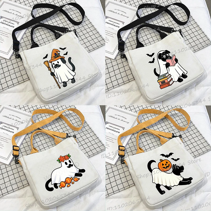 

Halloween Animal Cat Boo Teenage Shoulder Bag Women Men Cartoon Halloween Pumpkin Canvas Handbag Funny Crossbody Bag Gifts