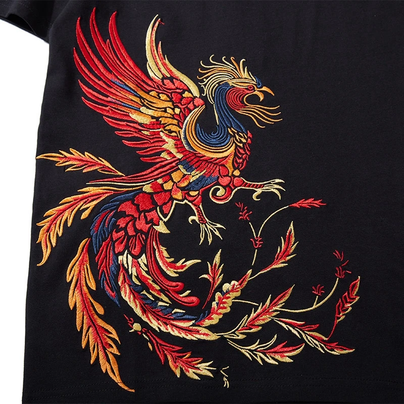 Lyprerazy Chinese Style Embroidered Colourful Phoenix Short-Sleeved T-Shirt Summer Loose Cotton Top Tees