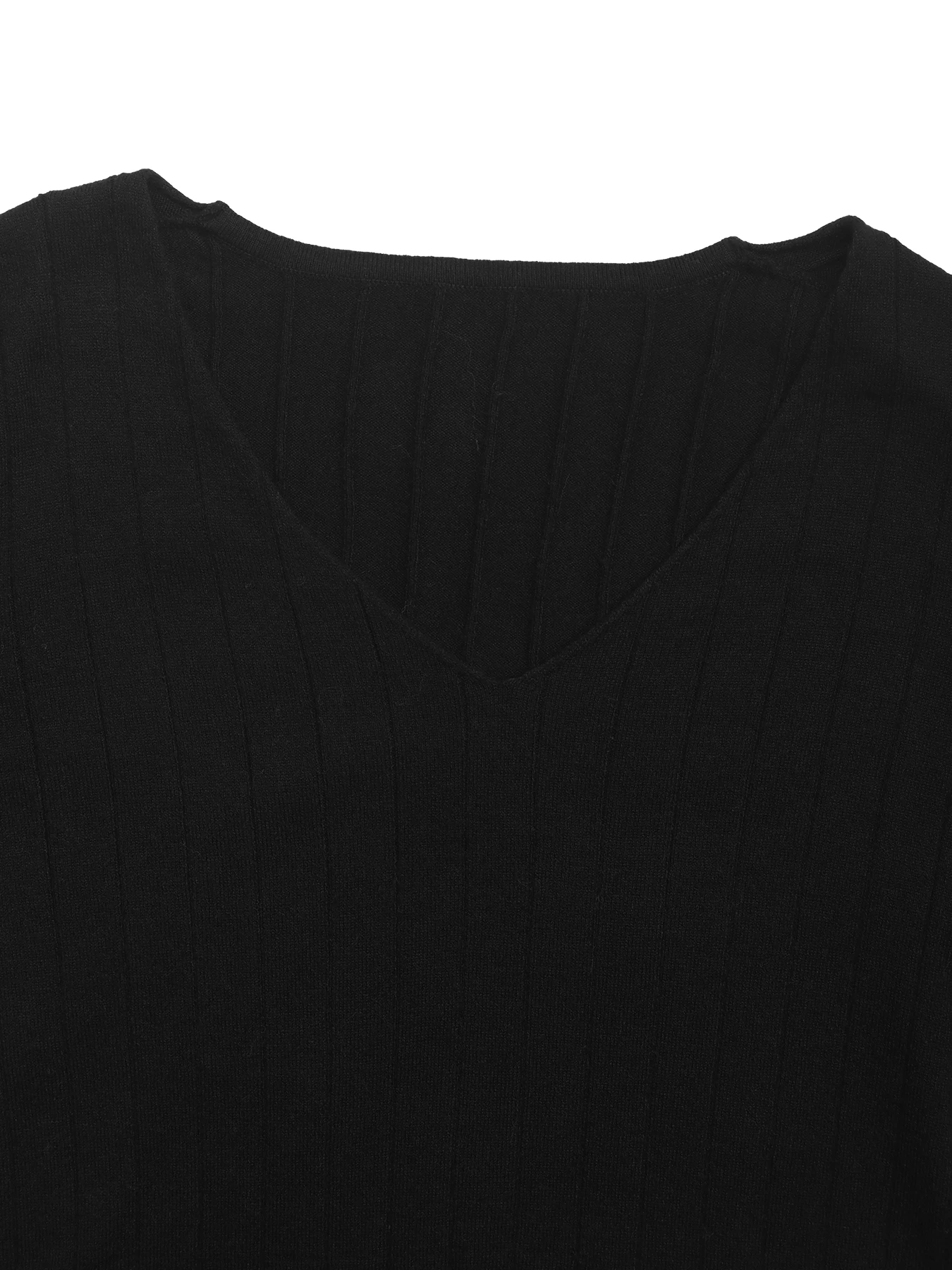 Damski czarny sweter z dekoltem w serek, prążkowany, dzianinowy, z długim rękawem, dopasowany, na jesień i zimę, do noszenia na co dzień.