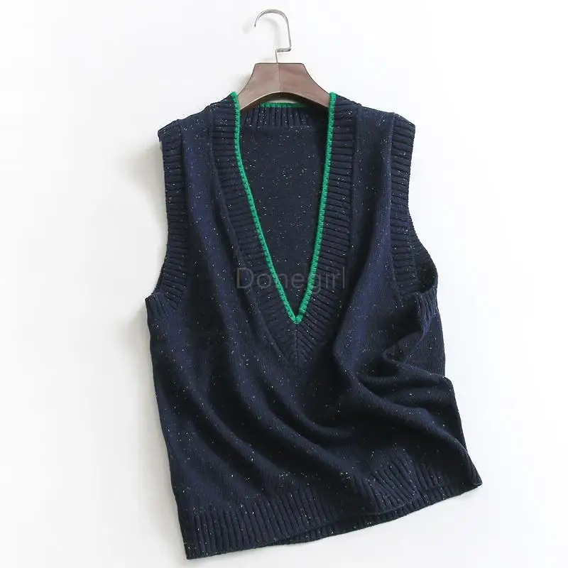 Donegirl Autumn Winter New 2024 Women Fashion Contrasting Colors V-neck Knitted Vest Commute Versatile Sweater Tank Tops Chic