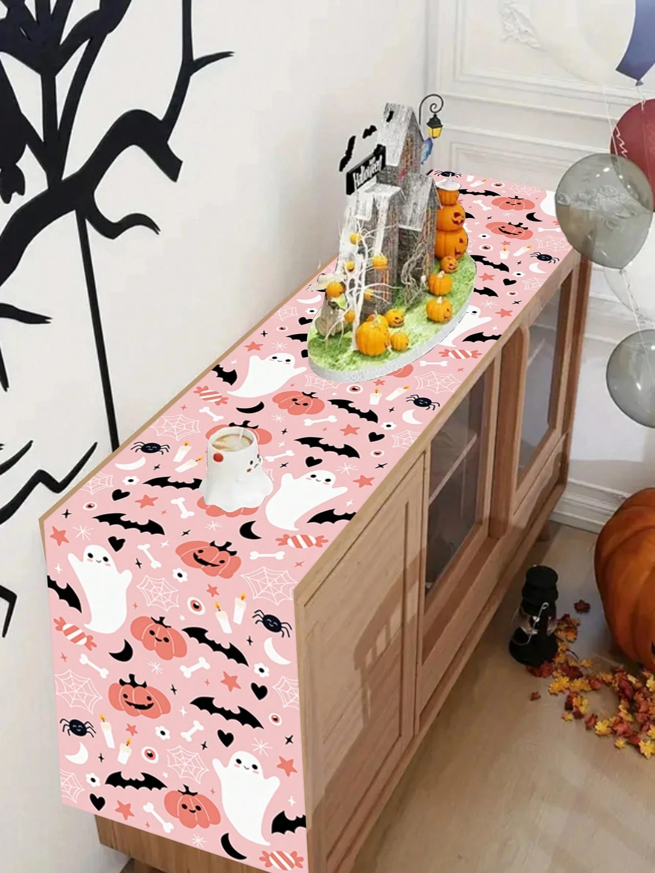 Pink Halloween Linen Table Runner, 2D Cute Ghost Pumpkin Bat Spider Print, Farmhouse Kitchen Dining Decor, Multiple Sizes, Ideal