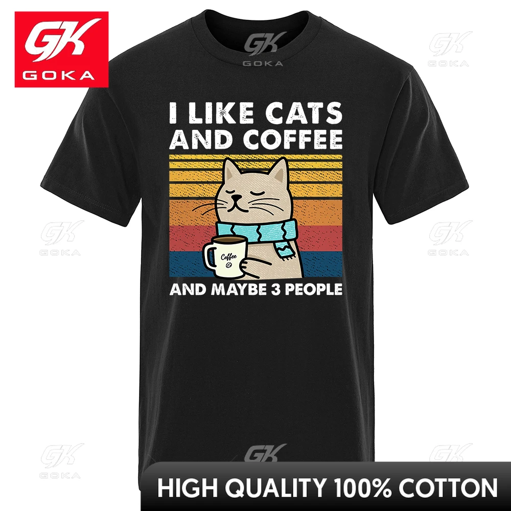 I Like Cats and Coffee Street Funny T-Shirt for Men Fashion Casual Loose Cotton Clothing Crewneck Breathable Tshirt Hip Hop Tees