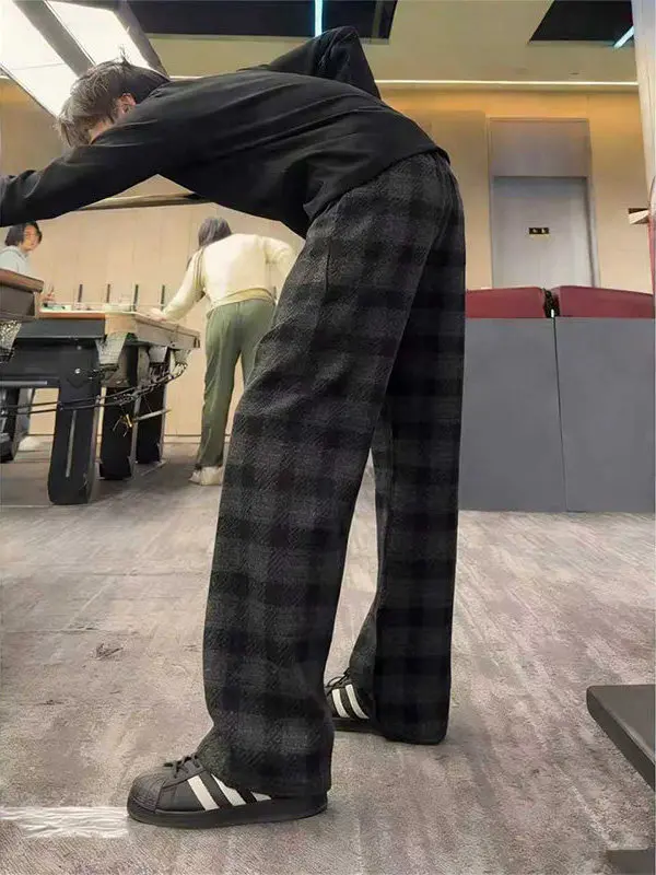

Vintage Plaid Woolen Men's Casual Pants Autumn Winter Lazy Loose Fitn Sport Sweatpants Straight Leg mid High Waist