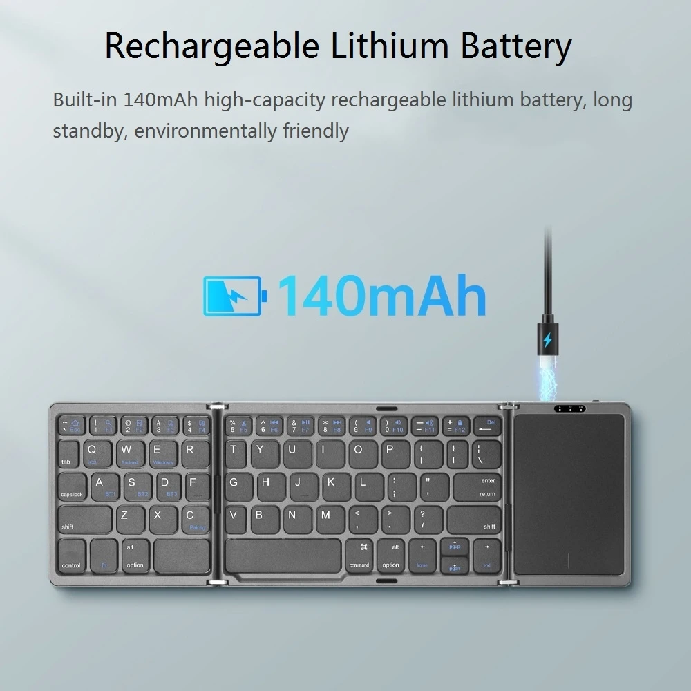 Foldable BT Wired Keyboard Rechargeable Portable Mini USB With Touchpad Mouse For Windows/IOS/Android PC Tablet 3-Device Sync