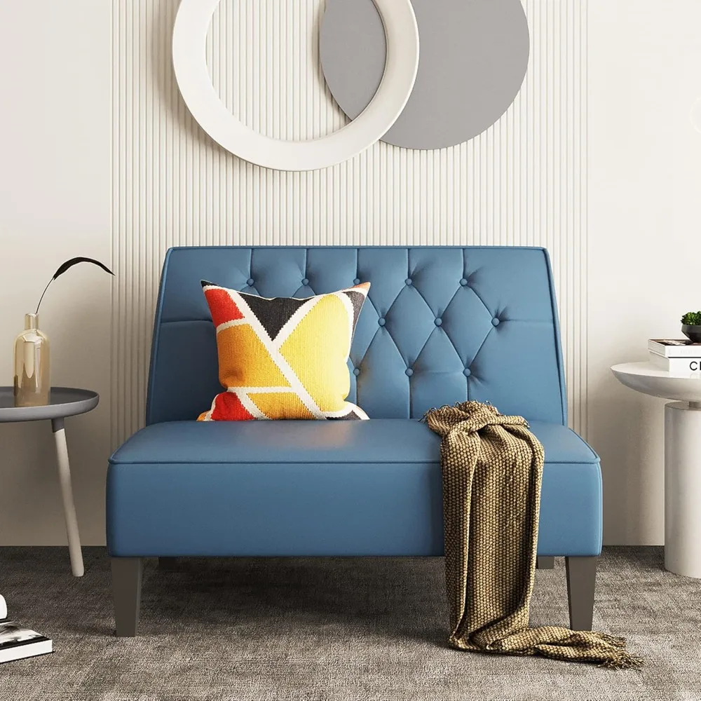 침실용 블루 러브시트 벤치 소파, 모던 쿠션형 무팔걸이 소형 러브시트 소파 인조 가죽