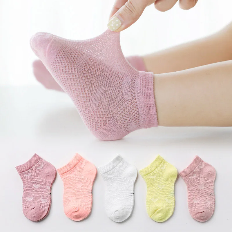 5 Pairs Girls Socks Cute Heart Pattern Mesh Breathable Soft Comfortable Baby Children Kids Ankle Socks