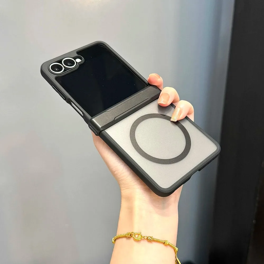 Matte Magnetic Phone Case for Samsung Galaxy Z Flip 7 Black Soft Silicone Border Folding Hinge Wireless Charging Protect Cover