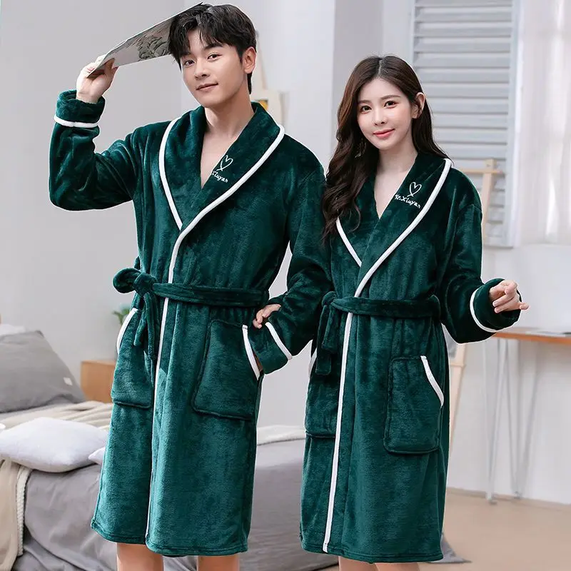 Plus Size Flannel Couple Robe Sleepwear Autumn Winter Thickened Coral Fleece Nightwear Bathrobe Loose Casual Homewear Loungewear