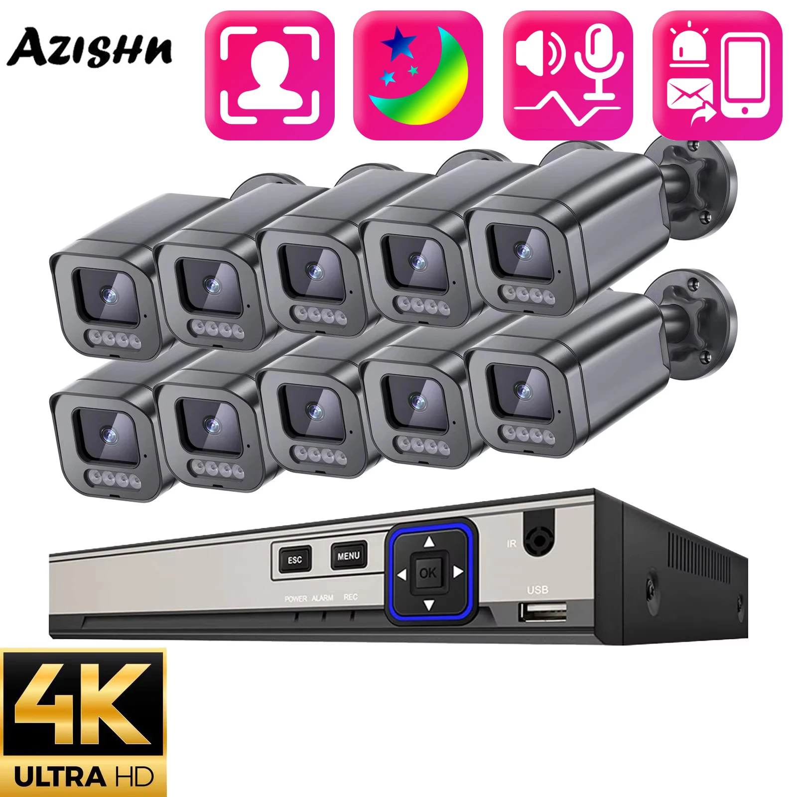 AZISHN Smart CCTV Security Camera System AI Face Detect Outdoor Video surveillance suite Two-Way Audio 4K 8MP POE NVR 10CH