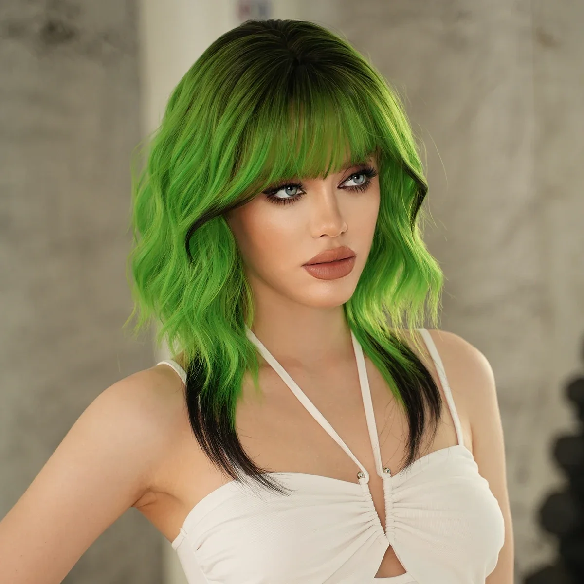 PARK YUN Costume Wigs Long Water Wave Green Wig With Bangs Dark roots High Density Synthetic Hair Wigs for Women Party Use