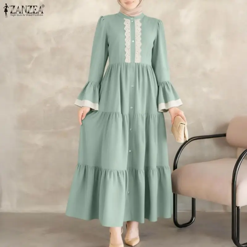 

Женское мусульманское скромное модное платье макси ZANZEA с воротником-стойкой, кружевными вставками, длинными рукавами, многоярусное, исламское платье-хиджаб, абайя, роба