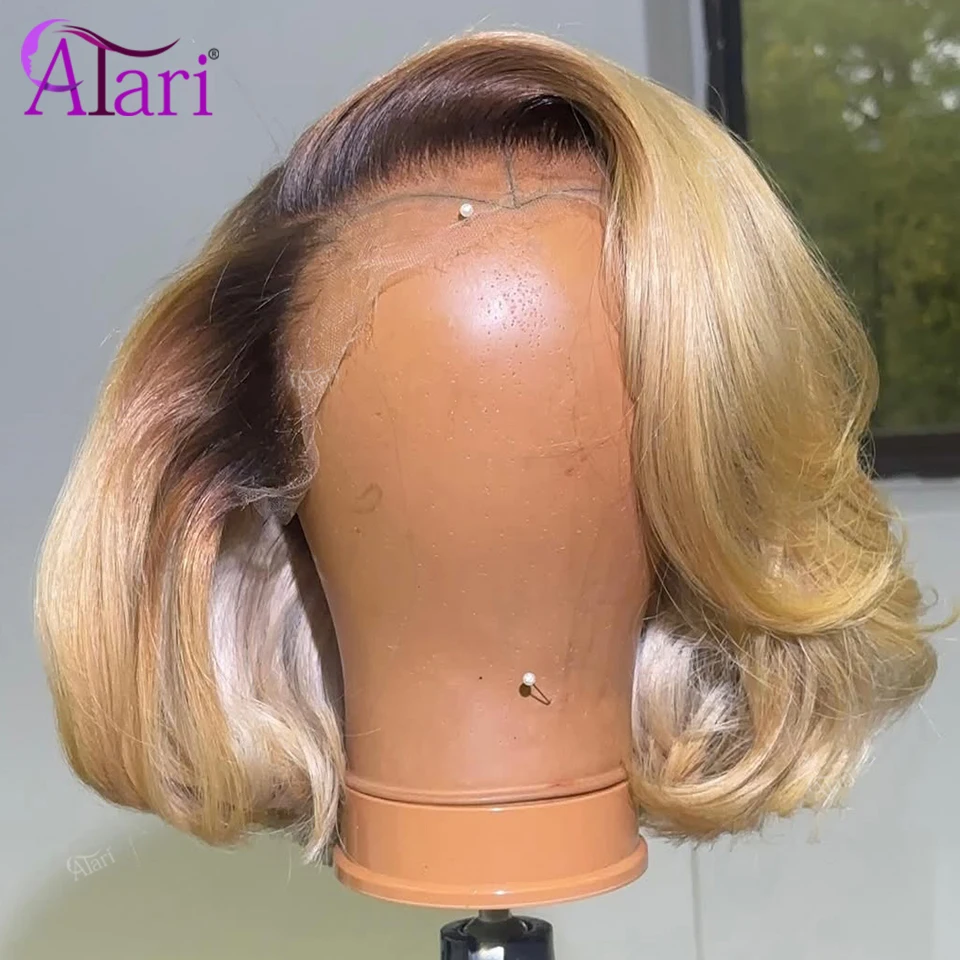 

Парик из натуральных волос Ash with Brown Roots Upgrade, прямой боб, с прозрачной кружевной основой 13x4, омбре-блонд, короткий боб, плотность 180%