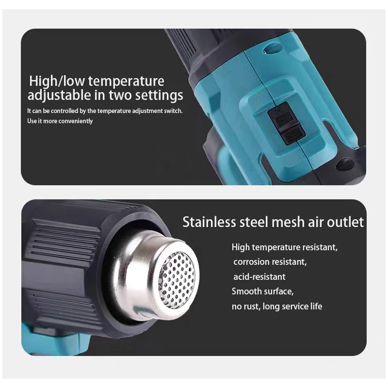 مسدس هواء ساخن محمول 21 فولت، تصميم لاسلكي قابل لإعادة الشحن، لاسلكي لبطارية ماكيتا، مسدس حراري كهربائي مع 3 فوهات