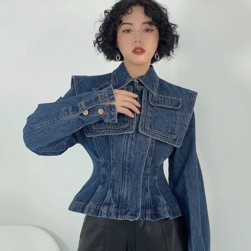 Korean Jean Jacket Women Version Large Cape Pocket Autumn Pleated Denim Jacket Women Slim Waist Short Zipper Coat Women