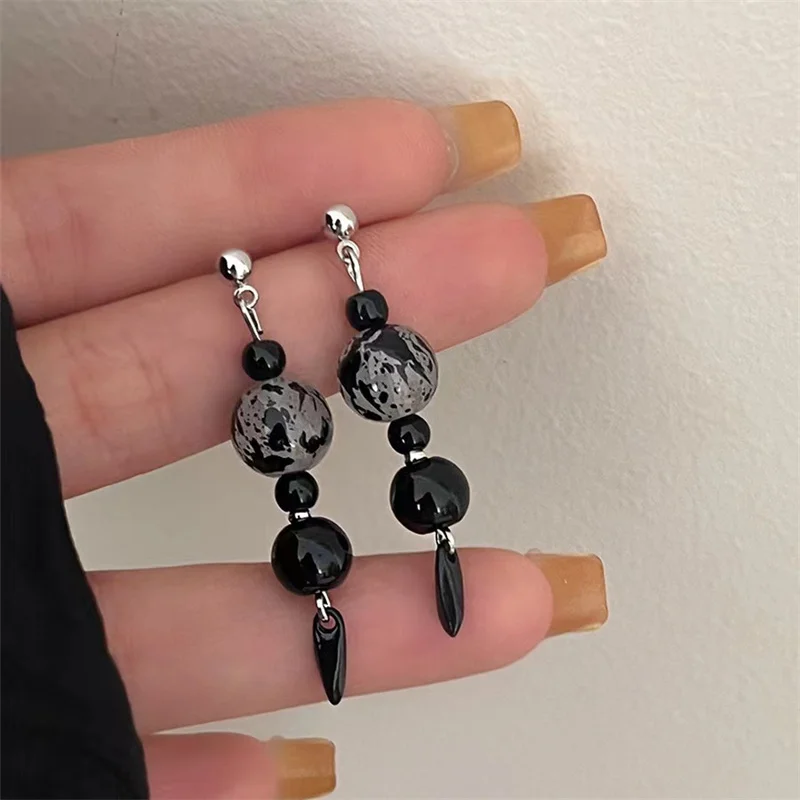Trending Black Beads Long Tassels Drop Earring Fashion Party Korean Elegant Dangle Earrings Female Jewelry For Woman New