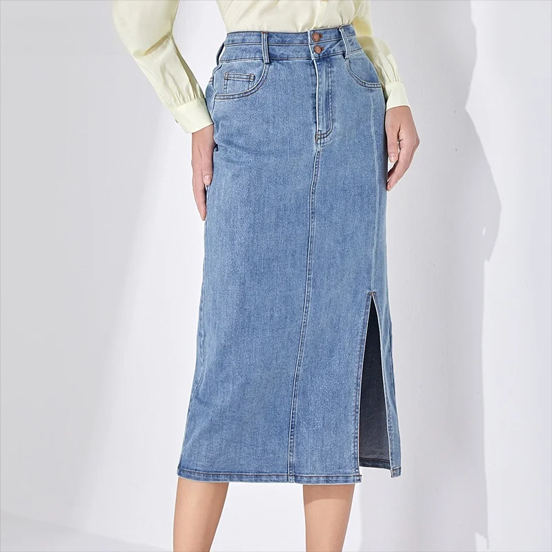 

Новая осенняя джинсовая юбка Dailanzhi с высокой талией, облегающая, миди, А-силуэт, в корейском стиле, однотонная, для повседневной носки, длинная