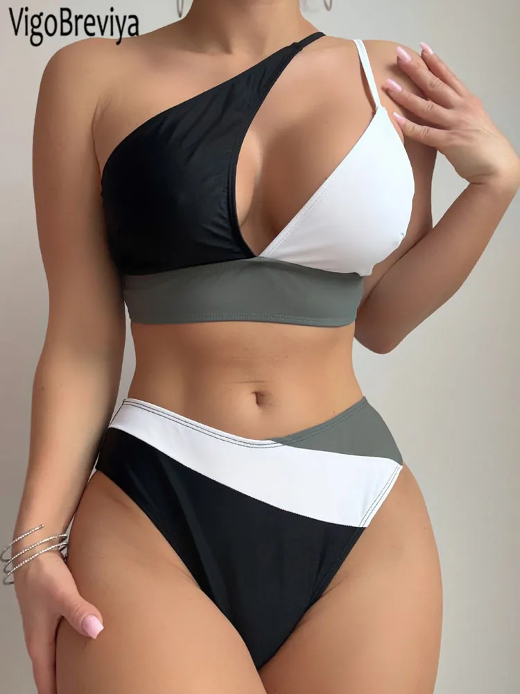 VigoBreviya 2025 Sexy One-shoulder Swimwear Women Solid Patchwork Bikini Brazilian Lady Swimsuit Hollow Push Up Beach Bath Suit