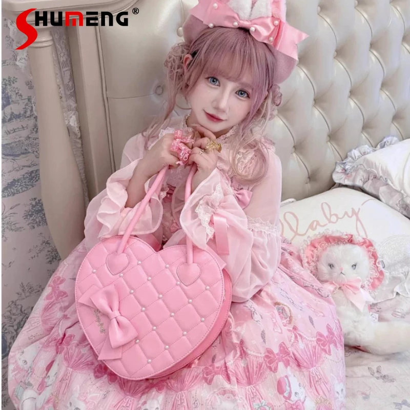 

Original Japanese Style Sweet Girl's Lolita Pink Love Shape Handbag New 2026 Woman's Sweet Bow Beaded Elegant Messenger Bag