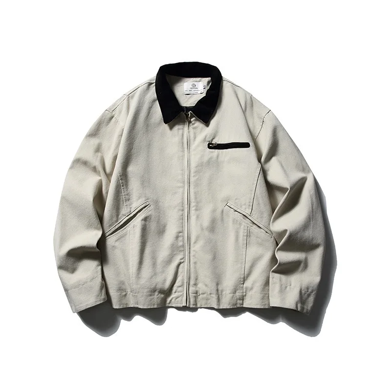 

AMEKAJI Men's American Vintage Style Workwear Washed Outdated Khaki Jacket Autumn New Heavyweight Casual Outerwear