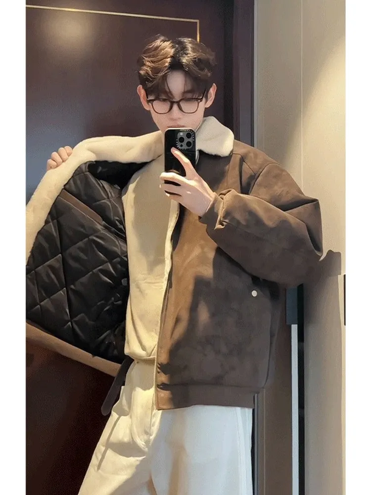 

Thiened Brown Lamb Fur Cotton Jaet Men Women Sle Winter Warm Inteated Leather And Fur Coat Youth Casual Cleanfit