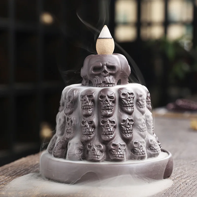 

Purple Clay Backflow Incense Burner Home Decor Original Skull Head Smoke Viewing Backflow Incense Burner Craft Gift