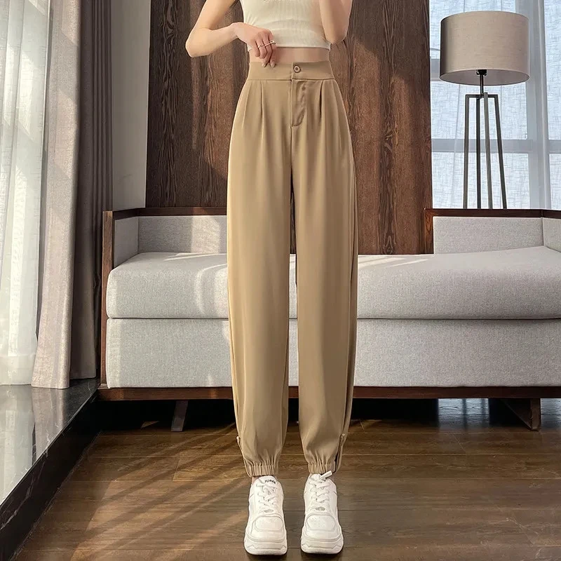 2024 Female Ice Shreds High Waisted Sports Pants Ladies High Waisted Radish Trousers Korean Women Solid Color Workwear Pantalons