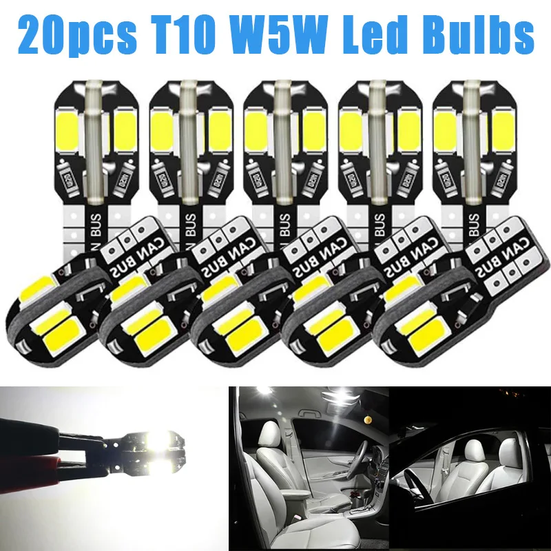 

20pcs T10 W5W LED Bulbs 5730 8SMD Canbus No Error LED Signal Lights Car Interior Parking Light Auto Dome Light 12V 6000K White