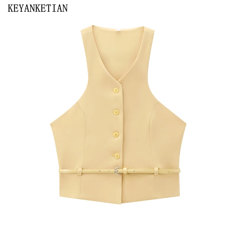 KEYANKETIAN 2024 New Women's With Belt Decoration V-Neck Yellow Tank Top Sheath Vest Office Lady Slim Sleeveless Camisole