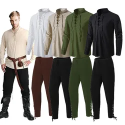 Mens Renaissance Costume Long Sleeve Lace Up Medieval Steampunk Pirate Shirt Pants Cosplay Prince Drama Stage Costume Tops Pants