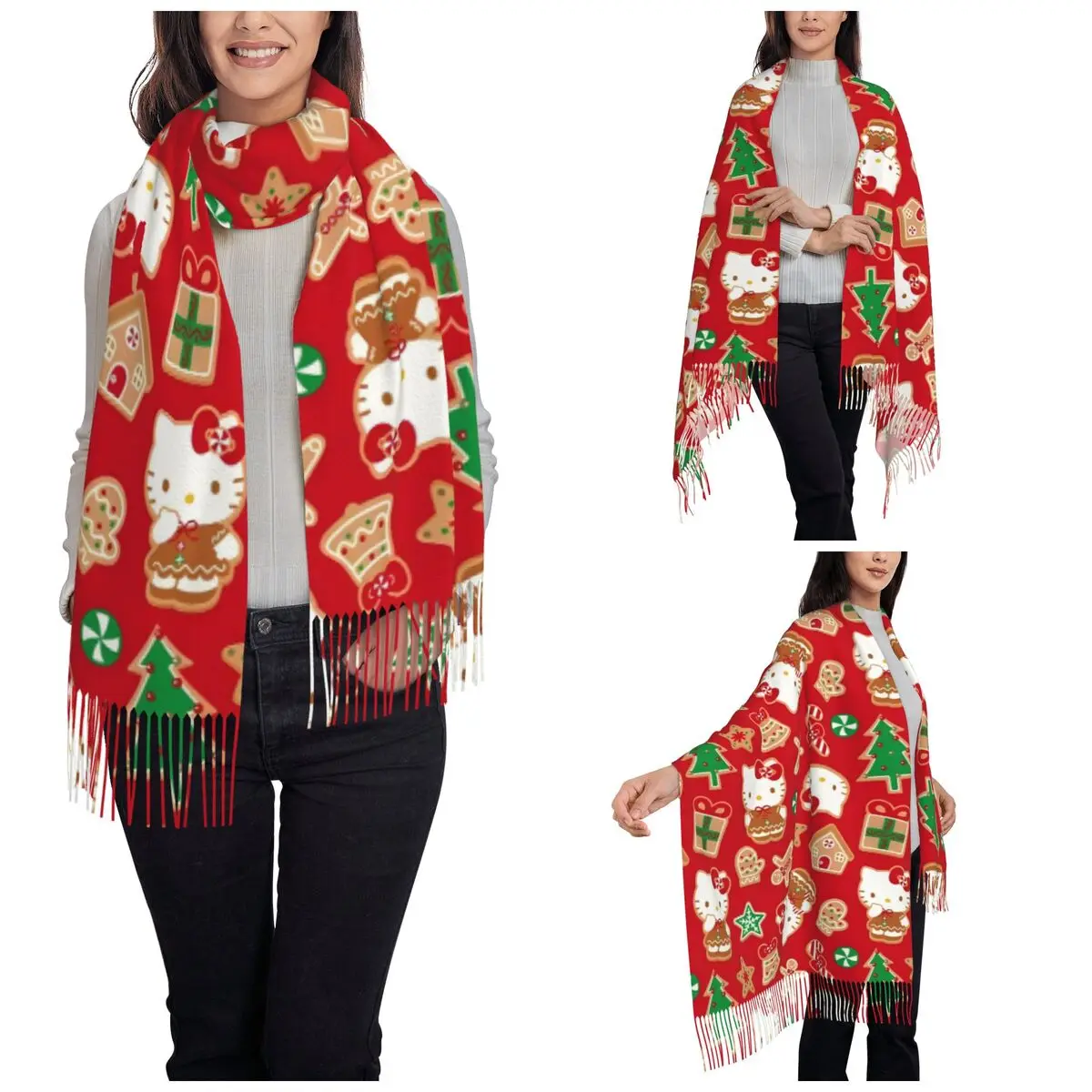 Christmas Hello Kitty Gingerbread Scarf Women Warm Winter Cashmere Shawls and Wrap Kawaii Cute Cartoon Large Shawl Scarf Ladies