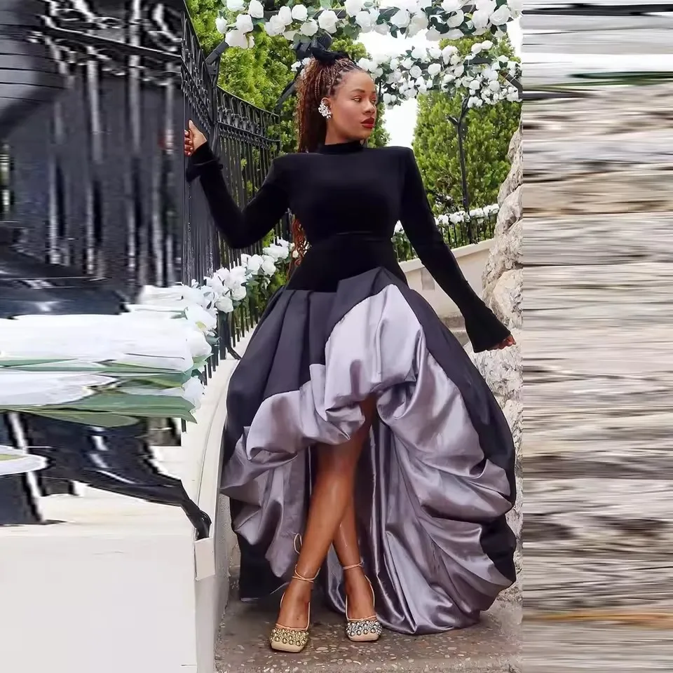 

Gorgeous Black Long Sleeves Prom Dresses Puffy High Low Women Eveneing Gowns Girls Cocktail Party Dress