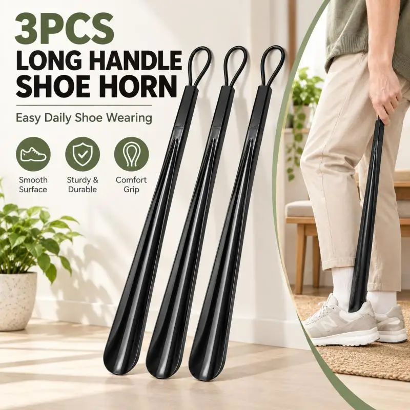 3Pcs Black Long Handled Shoe Horns Hanging Loop Portable Shoe Helper Home Entryway Shoe Aid for Adults Seniors