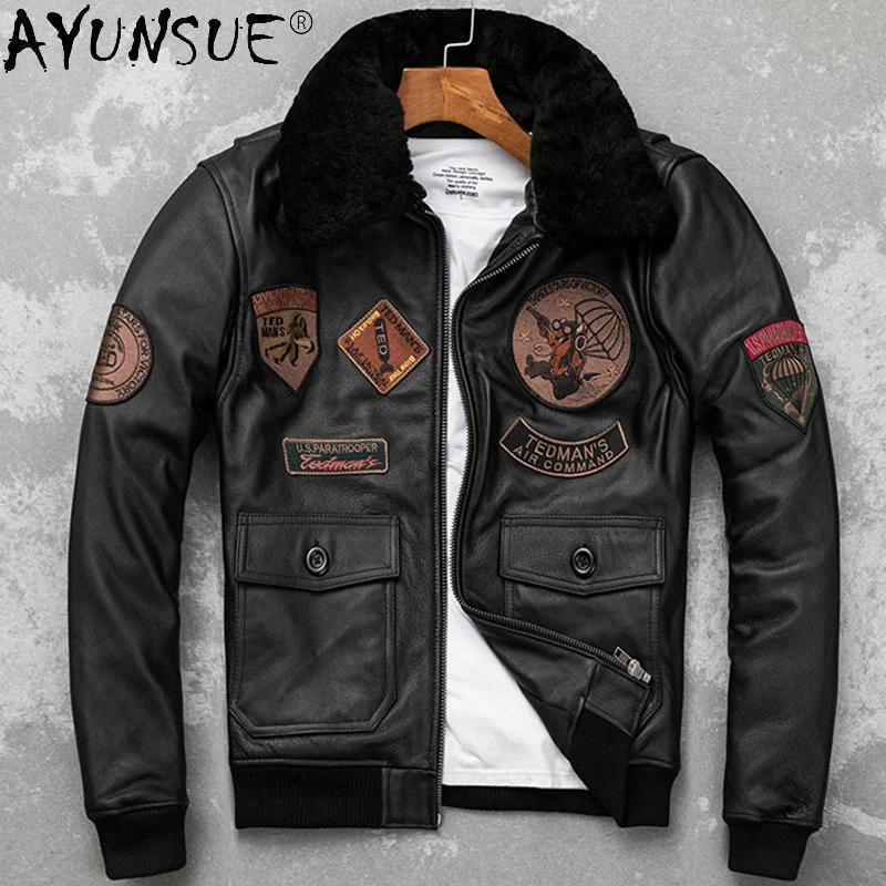 

Genuine Leather Jacket Men Cowhide Jackets Fur Collar Flight Suit Men's Coats Warm Cotton Lining Winter Clothes