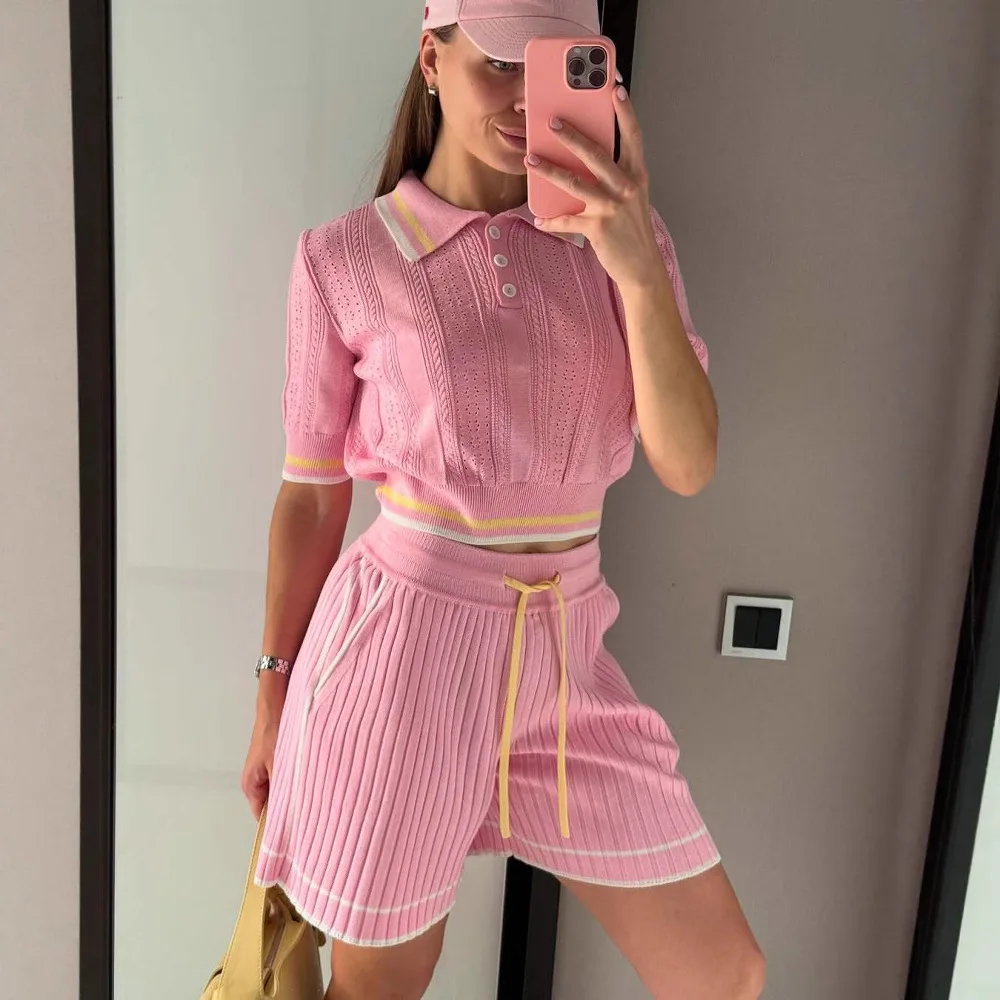 

Sweet Chic Short Sleeve Pullover Tops + High Waisted Shorts 2 Piece Suits Summer New Knit Sweater Two-piece Set For Women