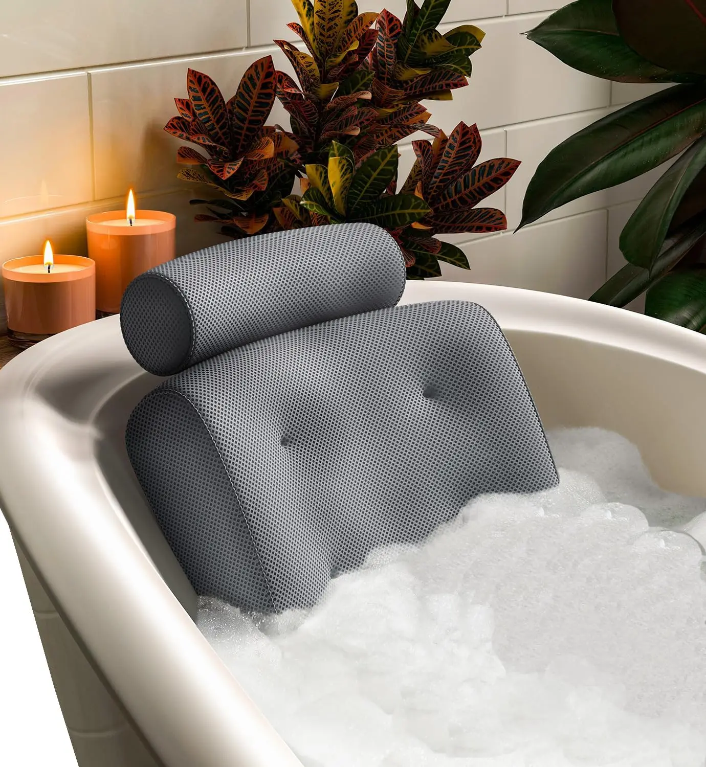 

Luxury Bath Pillows for Tub with Head and Neck Support - Non-Slip Bathtub Pillow with Suction Cups, Quick-Drying Mesh - Gray